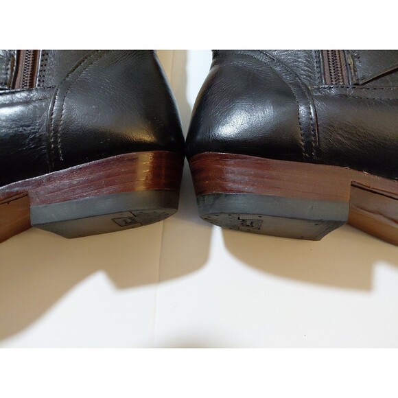 Women's 9.5-10 Calf Length Strap Buckle Tapestry Accent Black Leather Zip Boots - Picture 5 of 8